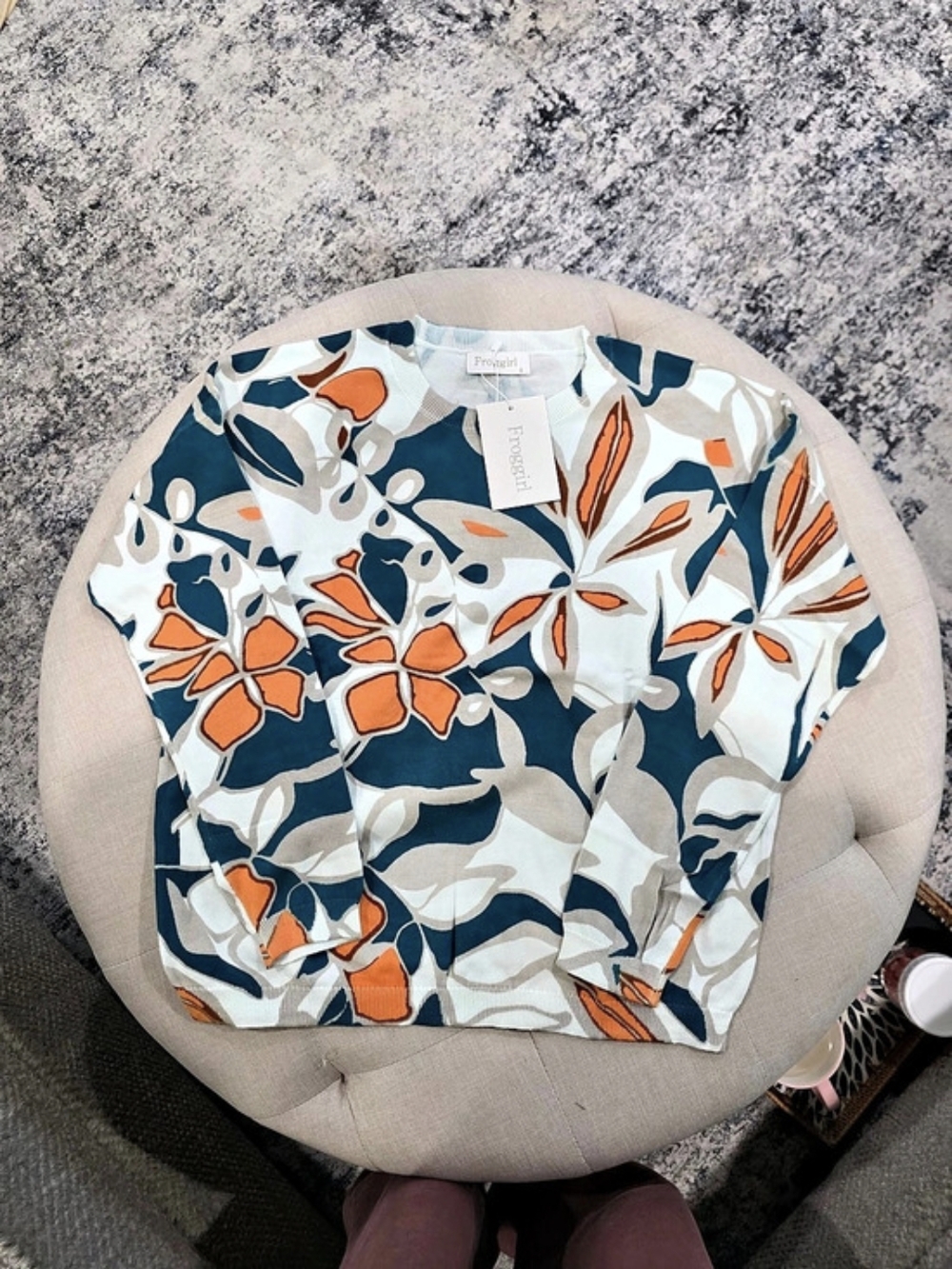 Froggirl Floral Crew Neck Sweater in Blue & Orange Size Small NWT